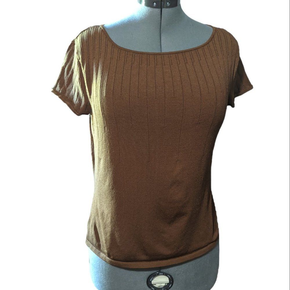 Women's Vintage Bandolino Brown Stretch Short Sleeve Top, Size Large
